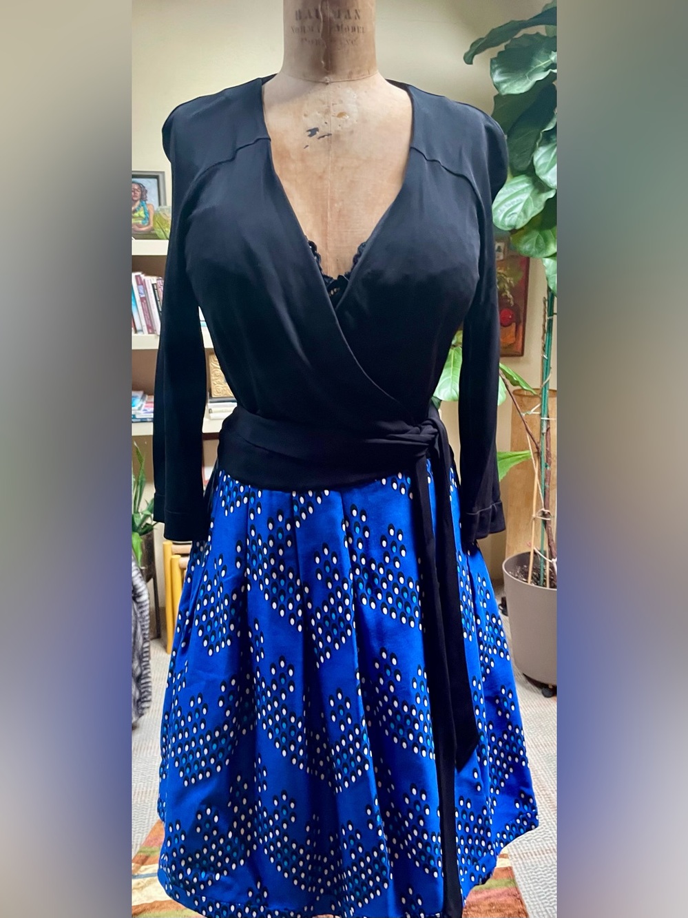 DVF Black Wrap Dress with Blue/Black/White Printed Pleated Bottom
